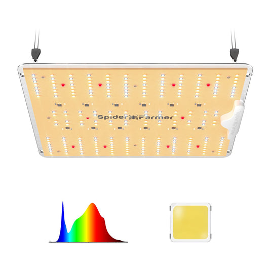 Spider Farmer LED grow light SF1000D with Samsung LM301B diodes, 100W, coverage 60x60cm. Full spectrum for indoor plants, vegetables, and flowers in grow tents or rooms.