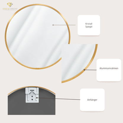 GOLD & CHROME UNIQUE DESIGN Golden wall mirror 50 x 50 cm - Modern, round bathroom mirror made of aluminum, large mirror, round mirror, wall mirror full-length mirror for home
