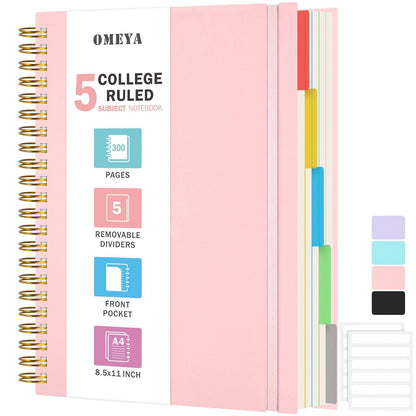 Notepad, A4 lined notebook, notebooks with 5 compartments and removable dividers, 300 sheets 100GSM spiral notebook softcover for writing, for work and school supplies, 21.5 x 27.9cm, pink.