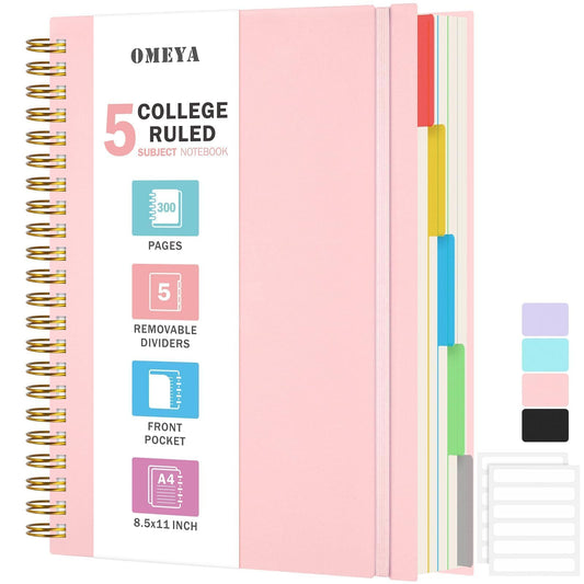 Notepad, A4 lined notebook, notebooks with 5 compartments and removable dividers, 300 sheets 100GSM spiral notebook softcover for writing, for work and school supplies, 21.5 x 27.9cm, pink.
