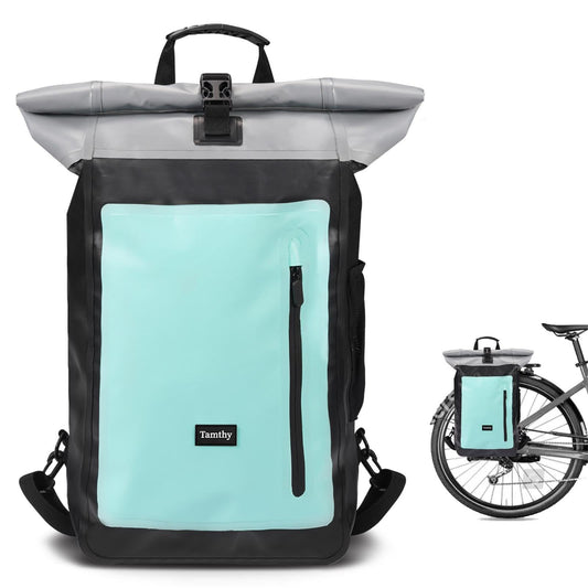 Tamthy bike bags for luggage carrier 100% waterproof with laptop compartment Multifunctional 2 in 1 bike bag backpack & luggage carrier bag rear for cycling, commuting, traveling (Mint, 28L)