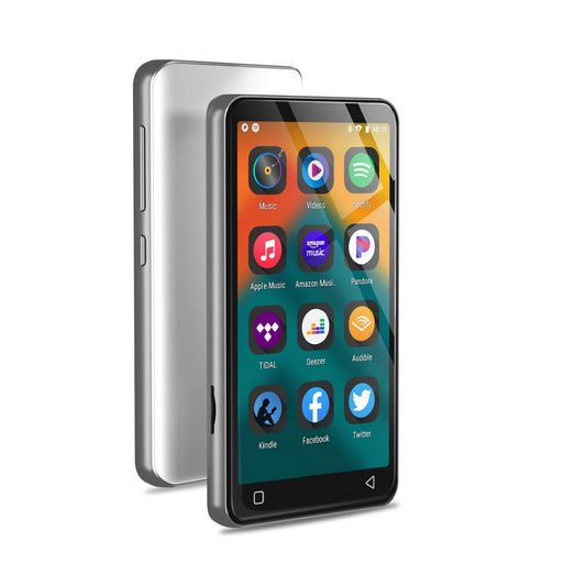 MP3 player with Bluetooth and Wi-Fi, 4" MP4-MP3 player with full touchscreen and Spotify, Android streaming music player with Pandora, portable HiFi sound, digital audio player with speaker white.
