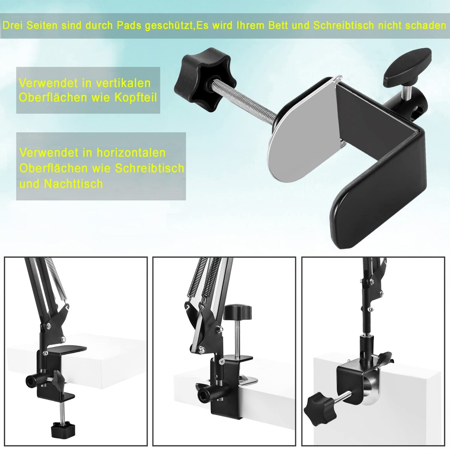Tablet stand for bed holder - stand holder 360 degree rotatable with stable aluminum arm for iPad, tablets, phones or other devices with 4.5 to 12.9 inch screen.