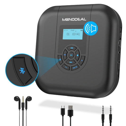 Portable CD Player, MONODEAL Bluetooth Portable, Rechargeable with Speaker and FM Transmitter, Discman CD Player for Car, Anti-Skip small with Headphones
