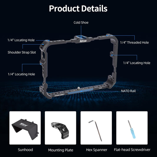 Nitze cage for Atomos Shogun Connect/Shogun/Shogun Ultra, monitor cage with mounting plate and sunshade - JT-A03C.