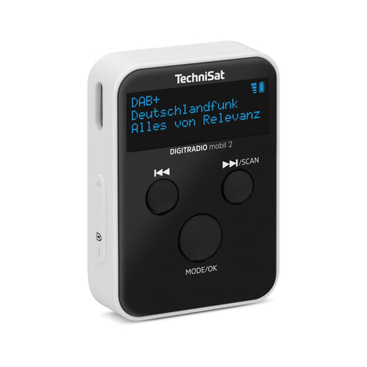 TechniSat DIGITRADIO mobil 2 - Portable DAB+/FM mini radio with integrated battery (rechargeable pocket radio, headphones, OLED display, favorites memory) black/white.