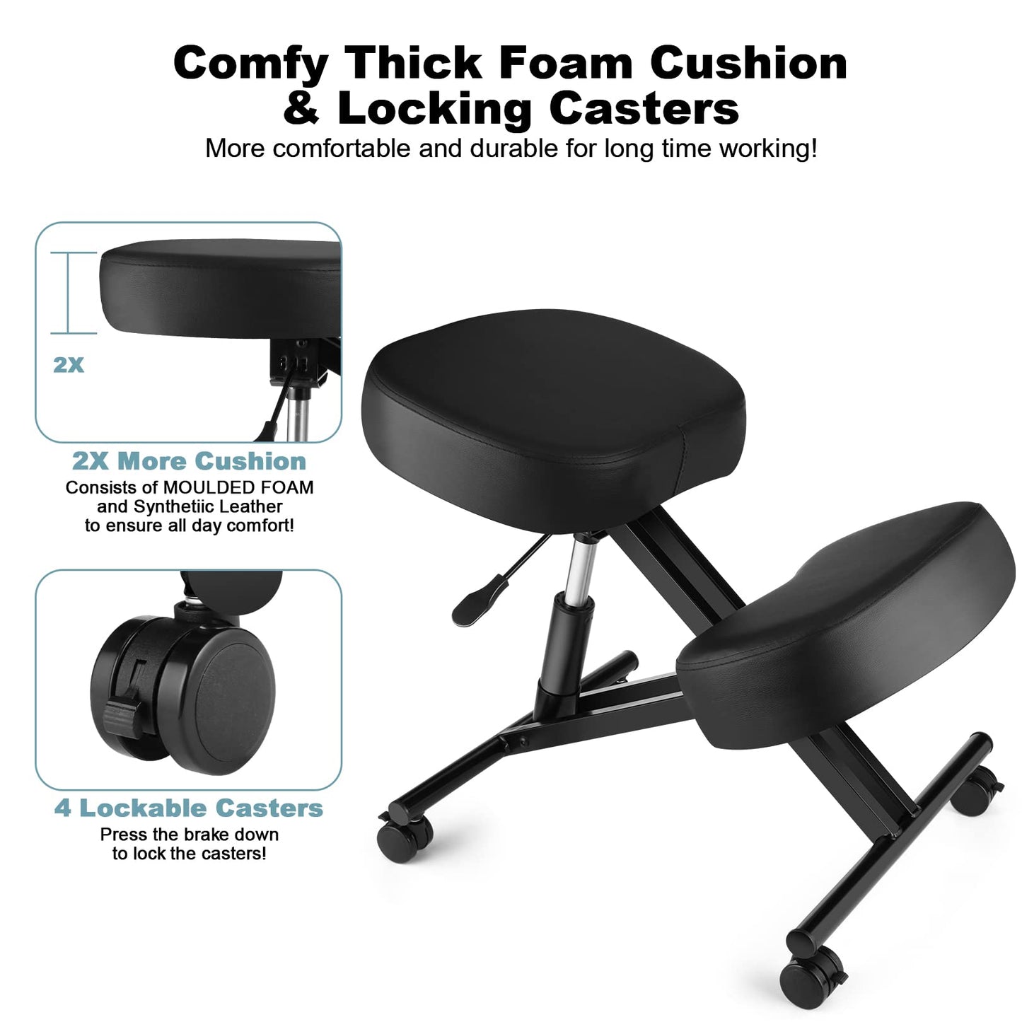 COOCHEER Knee Chair Ergonomic, Adjustable Chair for Office Home, PU Leather Office Stool with Knee Rest to Improve Posture, Desk Chair with Wheels, 3" Cushion
