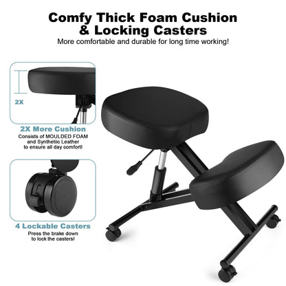 COOCHEER Knee Chair Ergonomic, Adjustable Chair for Office Home, PU Leather Office Stool with Knee Rest to Improve Posture, Desk Chair with Wheels, 3" Cushion