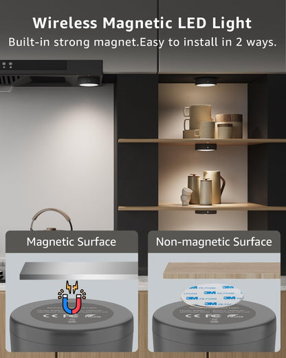 RGB LED spot with remote control, 2400mAh USB rechargeable display lighting Wireless dimmable under cabinet light kitchen LED round color changing spot battery adhesive light cabinet light with magnet and timer.
