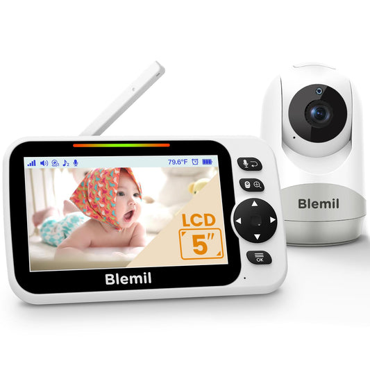Video baby monitor with audio, 30-hour rechargeable battery, 5" screen, remote pan/tilt/zoom camera, two-way talk, night vision, no WiFi.