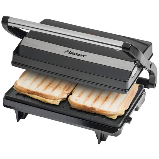 Bestron electric contact grill with drip tray, sandwich maker with cool-touch handle, panini maker with non-stick coating, 700 watts, APM123Z, color: black, 22.5 x 14 cm