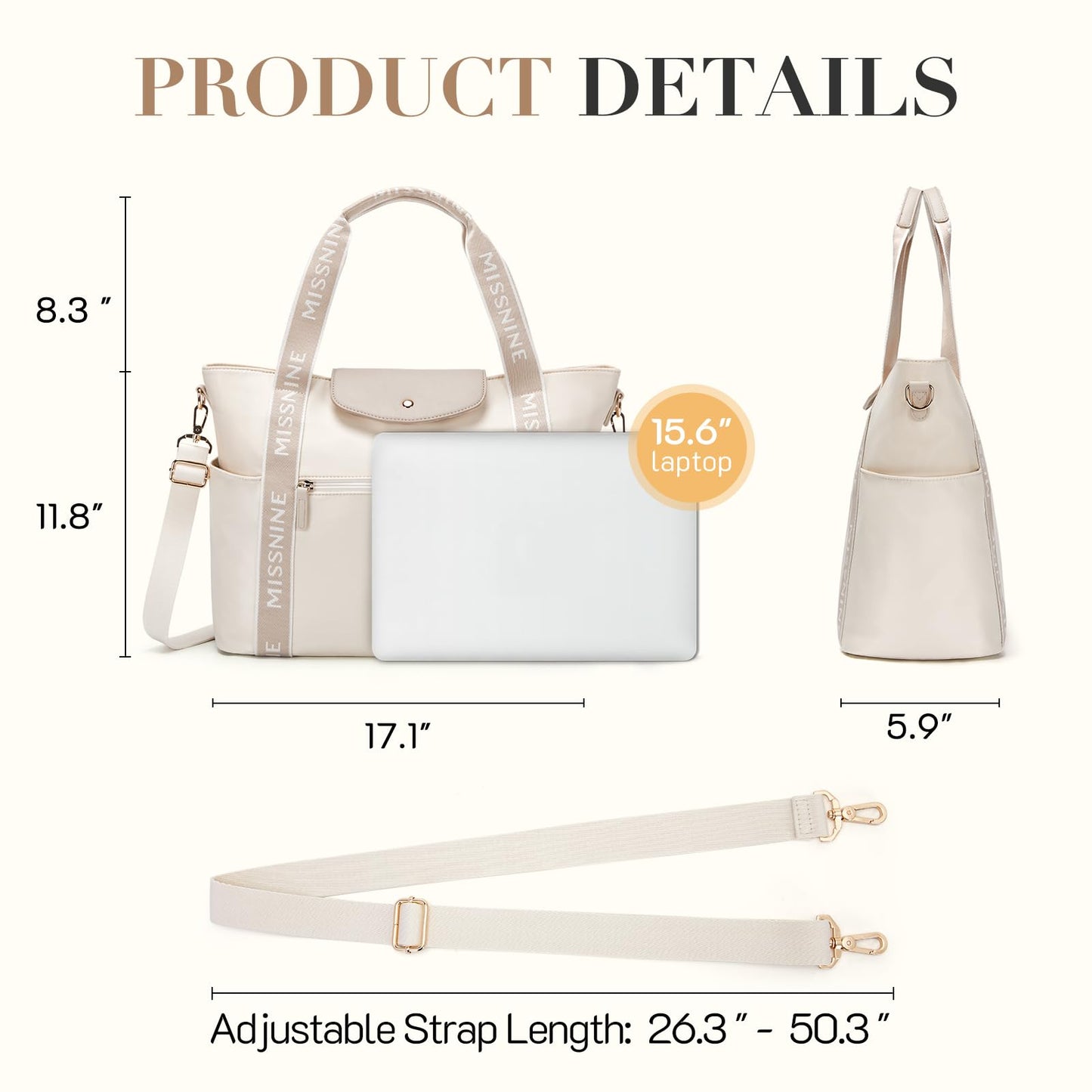 Missnine handbag laptop bag women 15.6-inch laptop tote bag lightweight work bag shopper bag women large capacity computer bag office travel