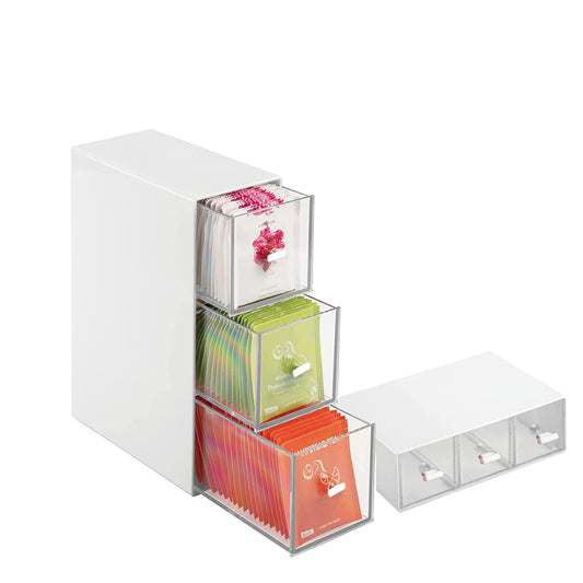 Tea box with 3 drawers, tea bag organizers, kitchen organizer, fridge organizer, plastic tea bag boxes, vanity table organizer, storage box for tea bags, coffee pods, sugar, etc.