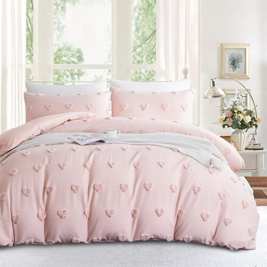 Freyamy Bohemian bedding set 135x200cm 2-piece Pink Tufted Heart Boho bedding Embroidery Shabby Chic bedding sets Microfiber Soft duvet cover with zipper and pillowcase 80x80cm