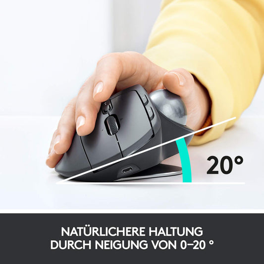 Logitech MX Ergo Wireless Ergonomic Trackball Mouse, 2.4GHz connection via Unifying USB receiver, 4-month battery life, adjustable angle, multi-device, PC/Mac/iPadOS - Graphite
