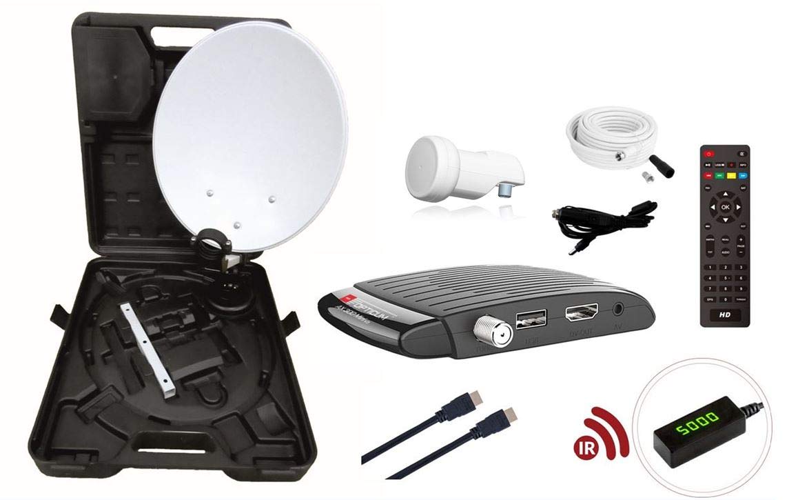 RED OPTICUM Camping Satellite Systems Complete Set HD I Mobile Satellite System with Opticum AX 300 Mini V3 Satellite Receiver - Single LNB - Camping Case Set - HDMI Cable and more. I complete Camping Satellite System