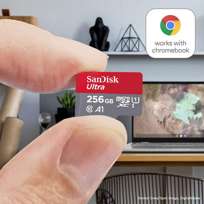 SanDisk Ultra 256GB microSDXC UHS-I card for Chromebook with SD adapter (For smartphones and tablets, A1, Class 10, U1, Full HD videos, up to 150MB/s read speed) 10-year warranty