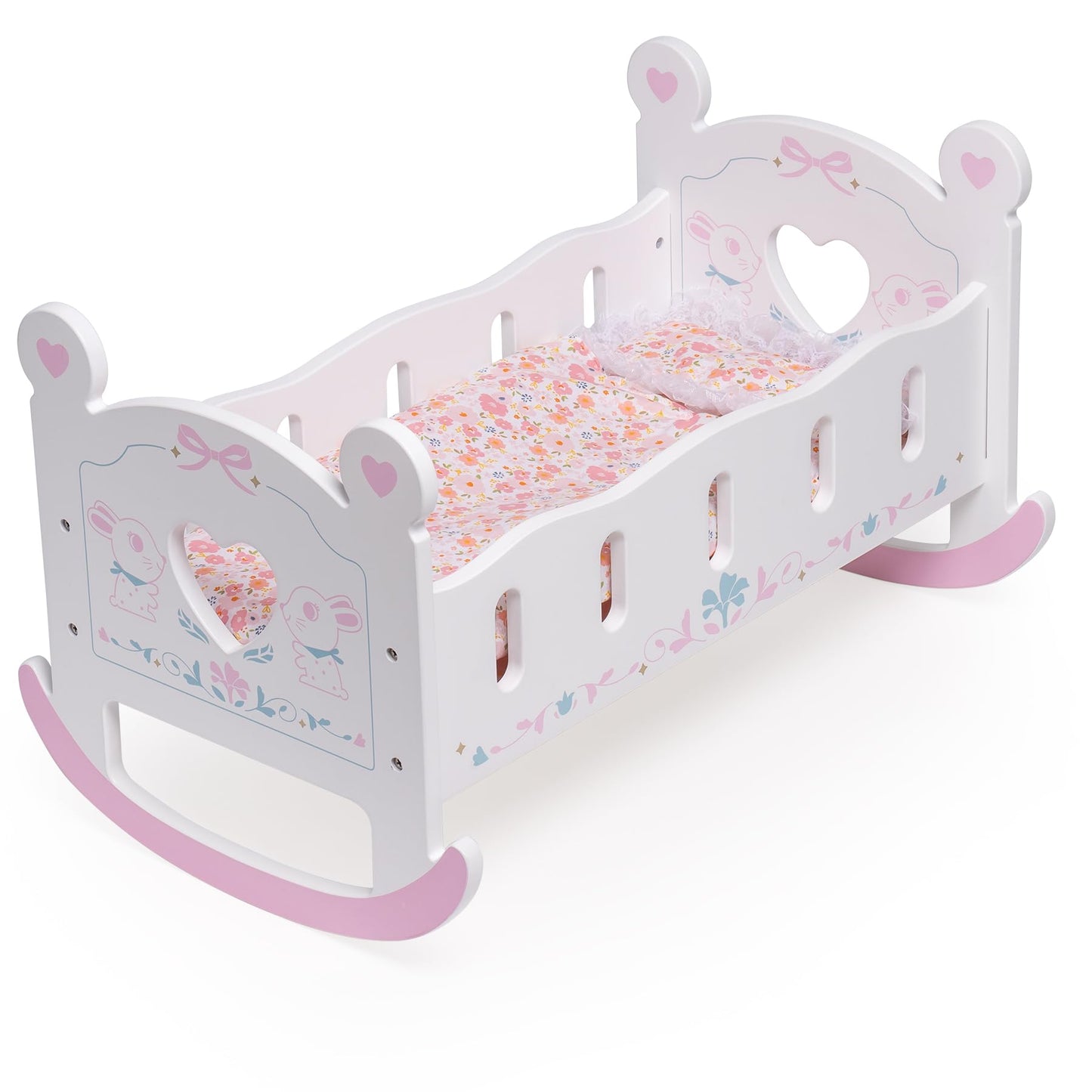 ROBUD wooden doll bed for 45cm dolls, doll cradle with pillow and blanket, suitable for children aged 3 years and up.