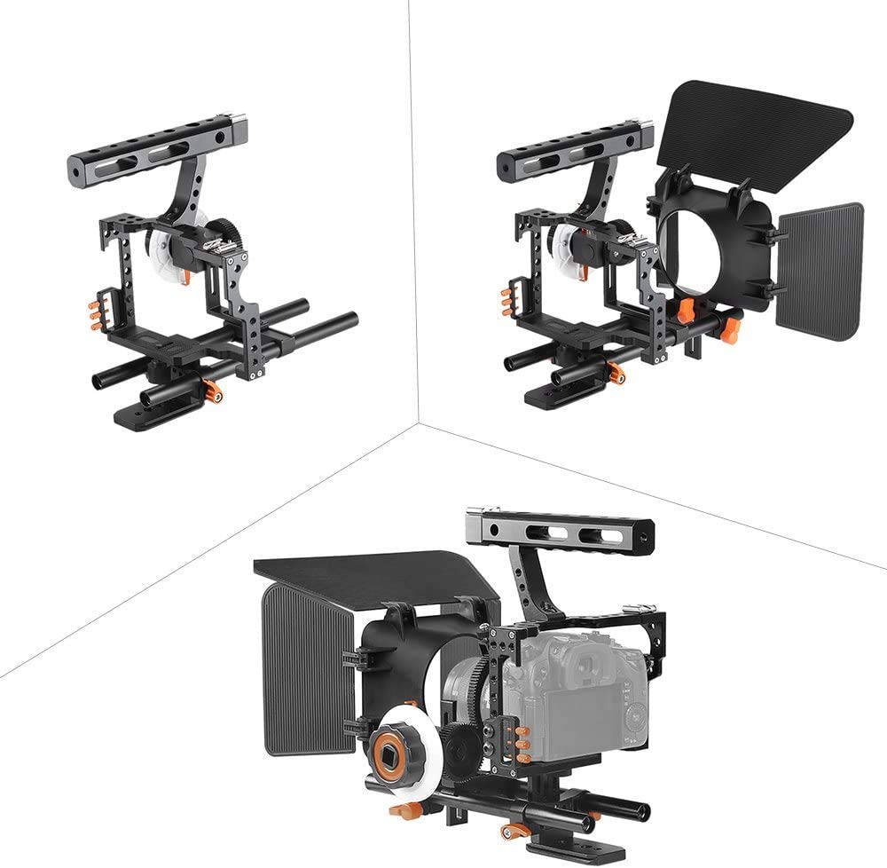 Andoer C500 Camera Rig Aluminum Alloy Kit with Camera Cage, Matte Box, Follow Focus, Hand Grip, 15mm Rod for Panasonic GH4. Camera recorder video cage rig installation set for film.