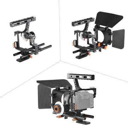 Andoer C500 Camera Rig Aluminum Alloy Kit with Camera Cage, Matte Box, Follow Focus, Hand Grip, 15mm Rod for Panasonic GH4. Camera recorder video cage rig installation set for film.