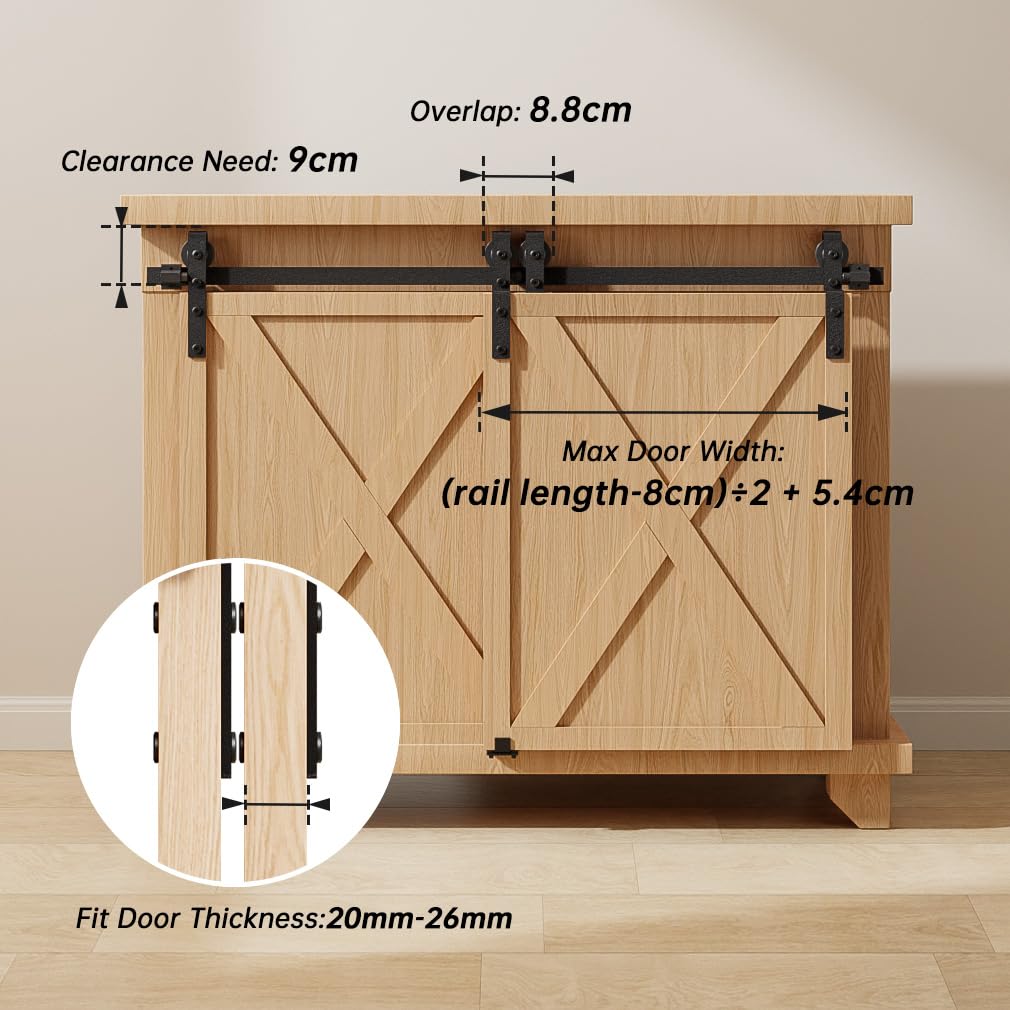 BONIKLUBA Mini Sliding Door Complete Set Sliding Door Hardware 228.7cm Track with Rollers Sliding Door System for Bypass Double Sliding Door Wood (No Cabinet Doors)