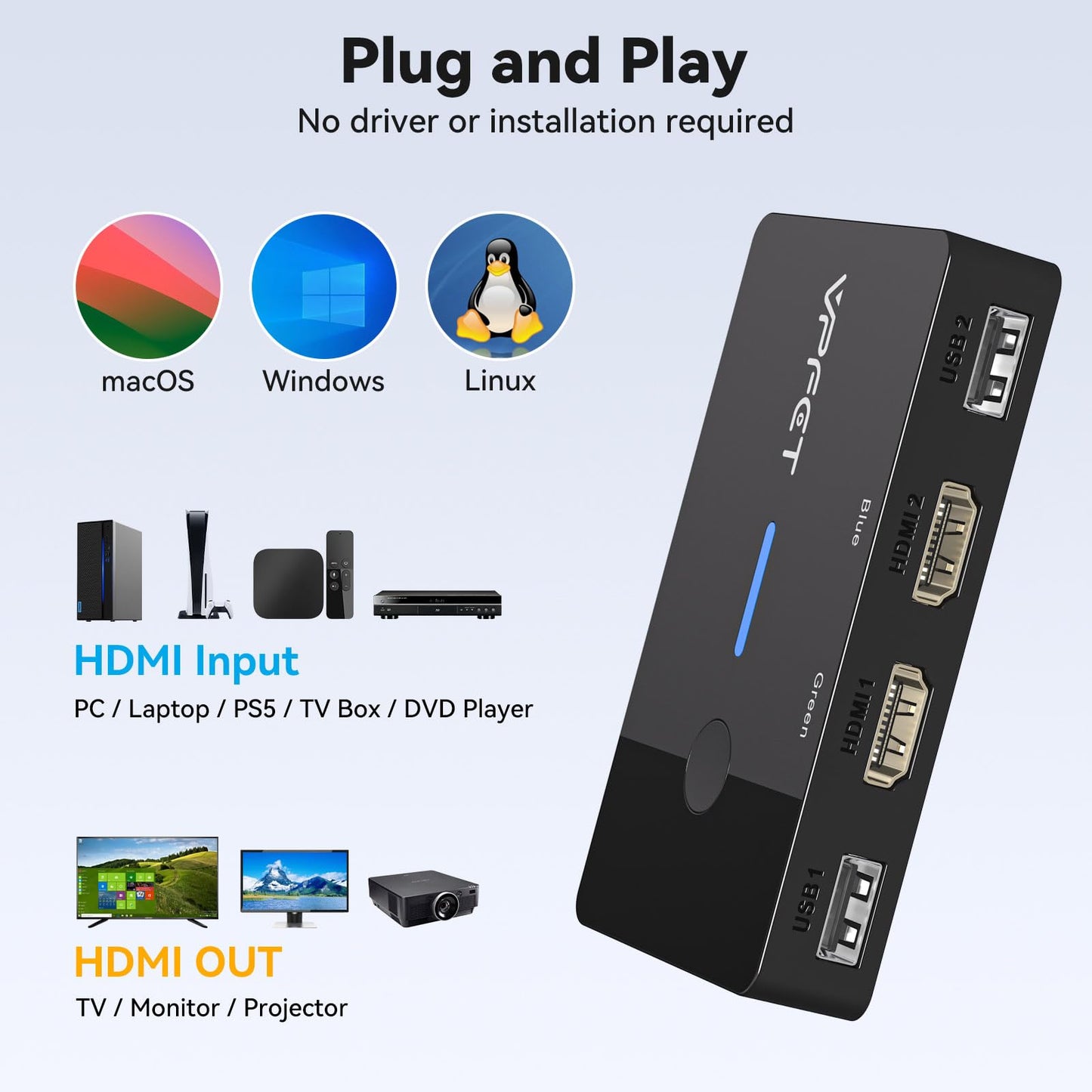 AILVLVNG HDMI KVM Switch allows 2 PCs to share 1 monitor at 4K@60Hz resolution. Comes with desktop controller and 2 USB cables for easy plug and play setup. Share a monitor and keyboard/mouse between two computers.