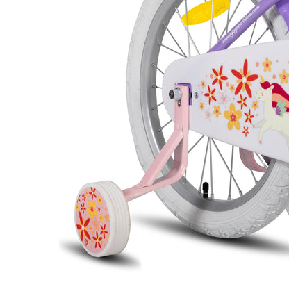 JOYSTAR Unicorn 18-inch kids bike for 6-9 year old girls, bike with doll seat & training wheels & basket streamer, bright purple.