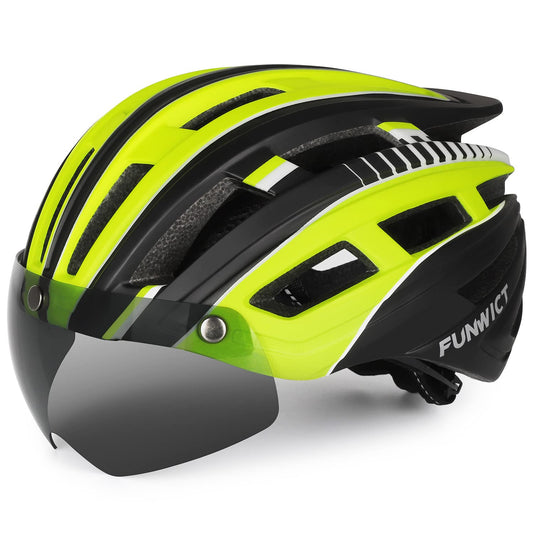 FUNWICT Bike Helmet Men Women Helmet Bike with Removable Magnetic Glasses and Inner Lining LED Rear Light Helmet with Visor for Cycling (BlackYellow)