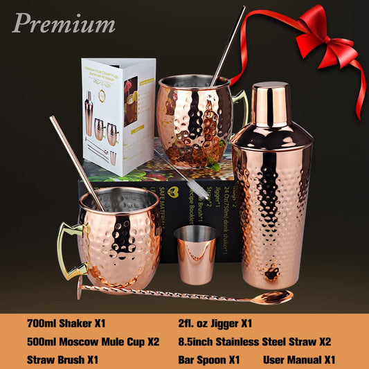 Recent Cocktail Shaker Set with 750ML Shaker, Moscow Mule Cup Set with 2 Copper Cups 500ML, Measuring Cup and Bar Spoon, Premium Copper-Stainless Steel Bar Accessories for Men and Women.