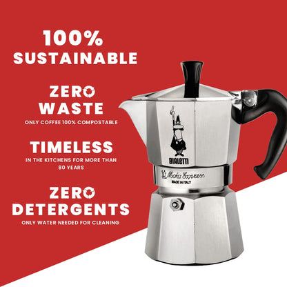 Bialetti Moka Express Aluminum Stovetop Coffee Maker (2 cups), 90 milliliters, Silver/Black, 8 x 11 x 11 cm