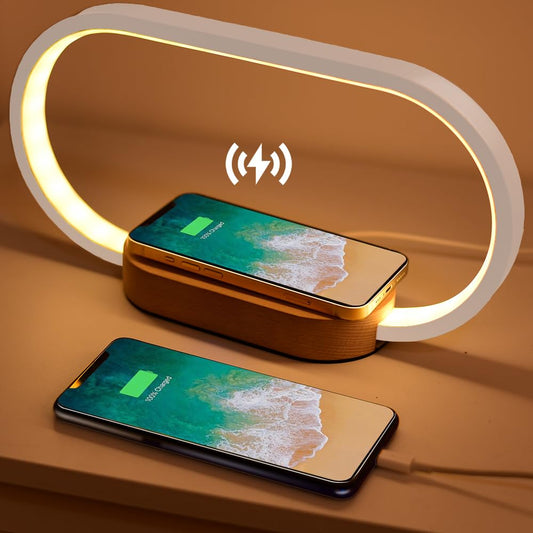 Bedside lamp with charging function, touch dimmable bedside lamp with USB charging, 10W wireless charger, 3 color modes, cordless table lamp for bedroom living room office, wood & white.