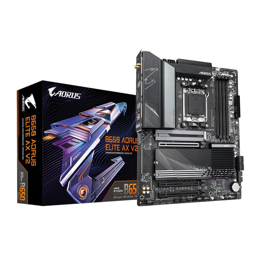 GIGABYTE B650 AORUS Elite AX V2 Motherboard - AMD Ryzen 9000 series, 12+2+2 phase VRM, up to 8000 MHz DDR5 (OC), 1xPCIe 5.0 + 2xPCIe 4.0 M.2, 2.5 GbE LAN, WiFi 6E, USB 3.2 Gen 2