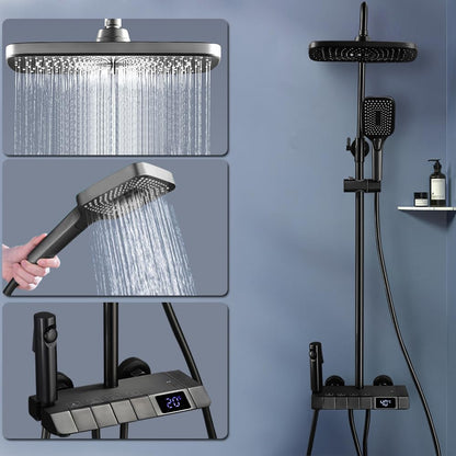 Black shower system, stainless steel shower set with shower faucet, rain shower with faucet and 3 spray modes shower head 86-120cm shower column shower set, 30x19 cm rain shower head, LED display shower set.