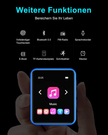 32GB MP3 Player Bluetooth 5.0 with Full Touchscreen, Lossless HiFi Music Player with Metal Casing, with FM Radio, Speaker, Line-in Recording, Support up to 128GB