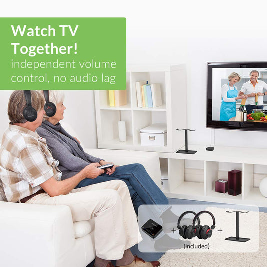 Avantree HT41899 Dual Bluetooth 5.0 Wireless TV Headphone Set with Transmitter and Stand (Digital Optical AUX RCA), 40 Hrs TV Headphones for Seniors, Plug-and-Play, No Delay.