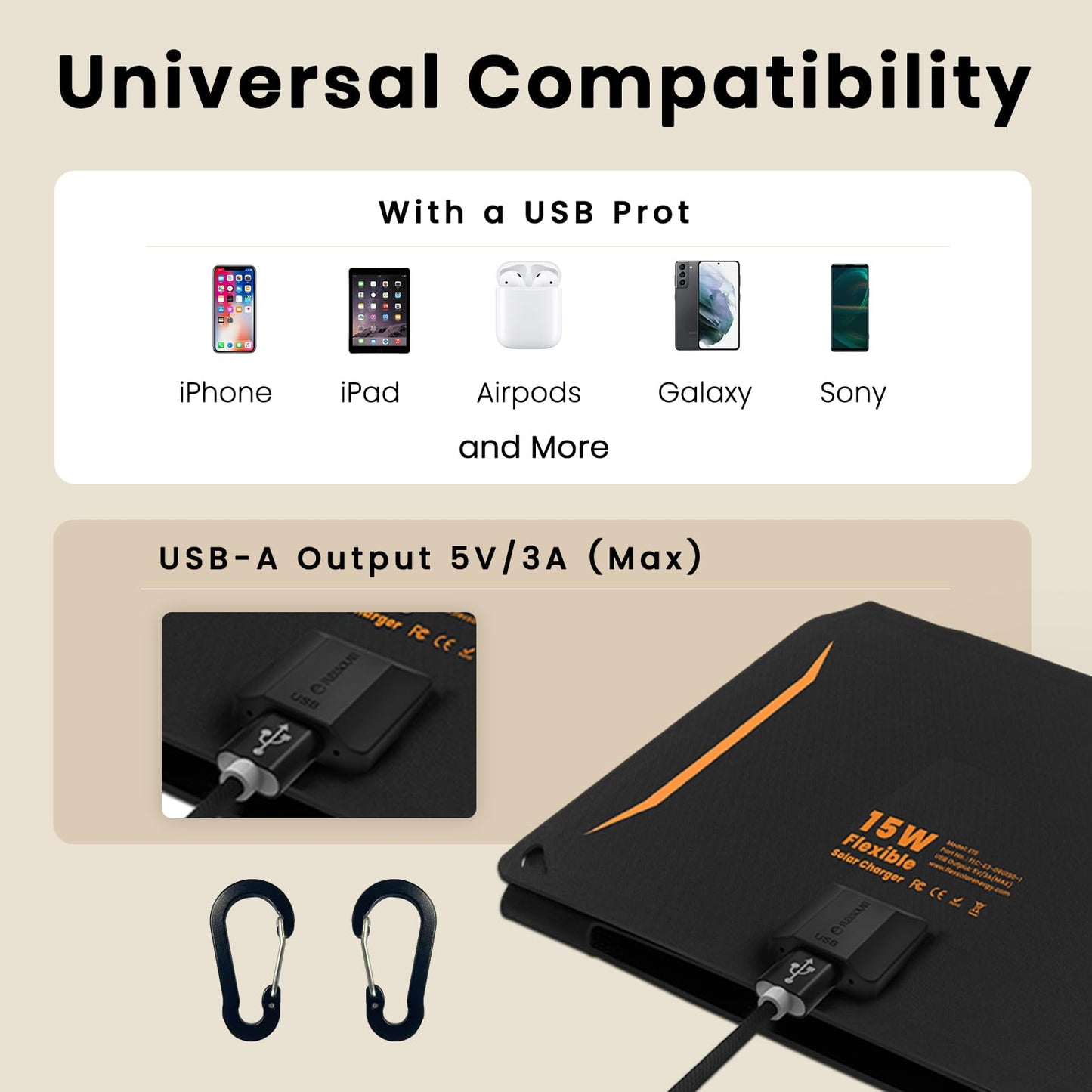 FlexSolar 15W portable solar panel charger (5.5V/2.9A max), waterproof, foldable, IP67, with USB port, compatible with iPhone Xs/X/8/7, iPad, camping, backpacking