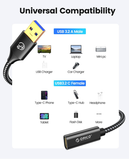 ORICO USB C Female to USB 3.0 Male USB A to 10Gbps USB3.2 Gen 2 Adapter Cable, USB A to USB C Female for USB 3.2 Gen1/USB3.1 Gen2 Compatible with Type-C Phone, Laptop, iPad 1M