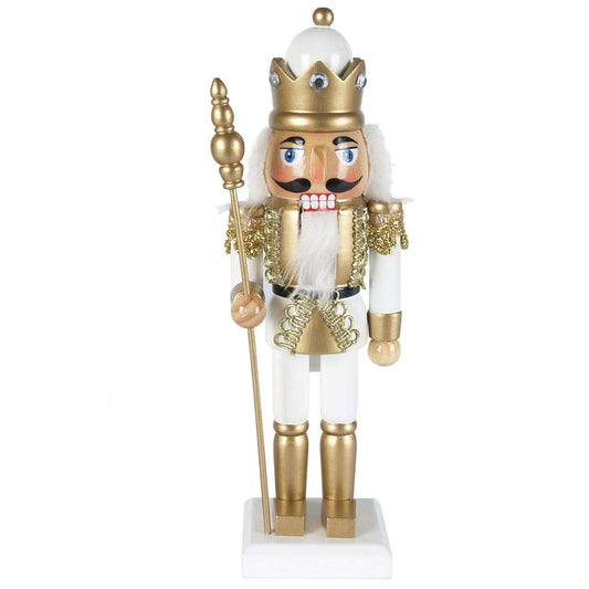 Nutcracker king with scepter in gold-white color, 25 cm, decorative nutcracker, hand-painted in artisanal style, perfect for Christmas decoration.