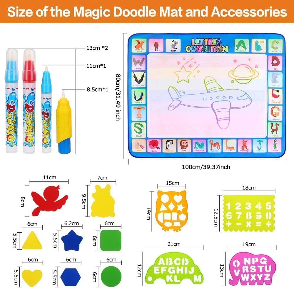CGBOOM Water Doodle Mat, Painting mat 100 * 78cm XL Aqua Drawing Painting Mat, Mat with Water Pen Tools Stamp Accessories for Toddler 1,2,3,4,5,6 years