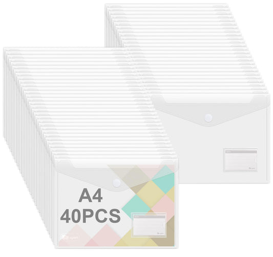 Agoer Velcro Closure Document Bag A4, 40 Pieces Transparent A4 Document Folder With Label Paper for Organizing Documents, A4 Document Bag for School, Home, Office