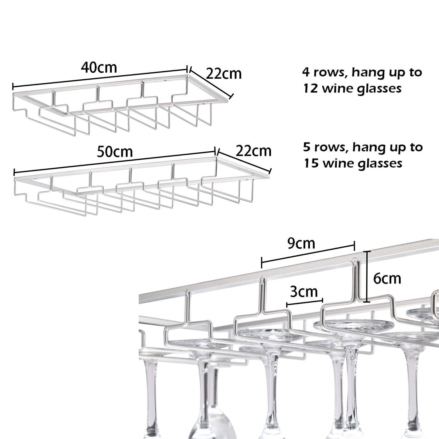 YunNasi 2 Pieces 5 Row Wine Glass Holder Metal Glass Rack Holder Under Cabinet with Screws Hanging Wine Glass Rack for Home Bar Kitchen Bar Pub Restaurant, Black