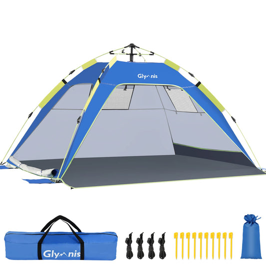 Glymnis Beach Shelter Quick Up Beach Tent Automatic Beach Tent with Zipper Door UV Protection 50+ Wind Protection Small Pack Size Beach Tent for 3 to 4 People