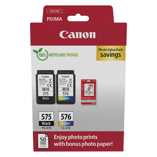 Canon ink cartridges & paper multipack - PG-575/CL-576 Original printer cartridges 2 pack (1 x black, 1 x color) & 4x6 photo paper (50 sheets)