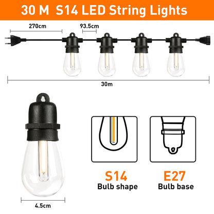 30M outdoor string lights waterproof shatterproof LED string lights with 30+1 S14 LED bulbs, perfect for garden patio balcony yard decoration, warm white