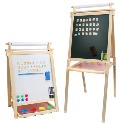Dripex Kids Art Easel with Paper Roll Double-Sided Board and Magnetic Board for Children Painting Upgrade Whiteboard Chalkboard (Wood Color)