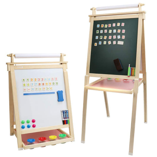 Dripex Kids Art Easel with Paper Roll Double-Sided Board and Magnetic Board for Children Painting Upgrade Whiteboard Chalkboard (Wood Color)