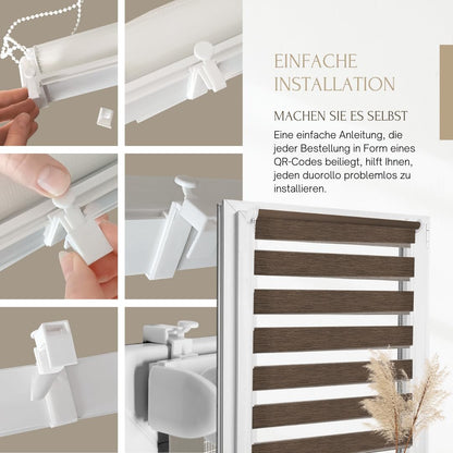Home-Vision® DuoRollo Clamp Fix, Double Roller Shade without drilling with clamp brackets, DuoRollers for windows and doors (wood look Brown, W70cm x H150cm)