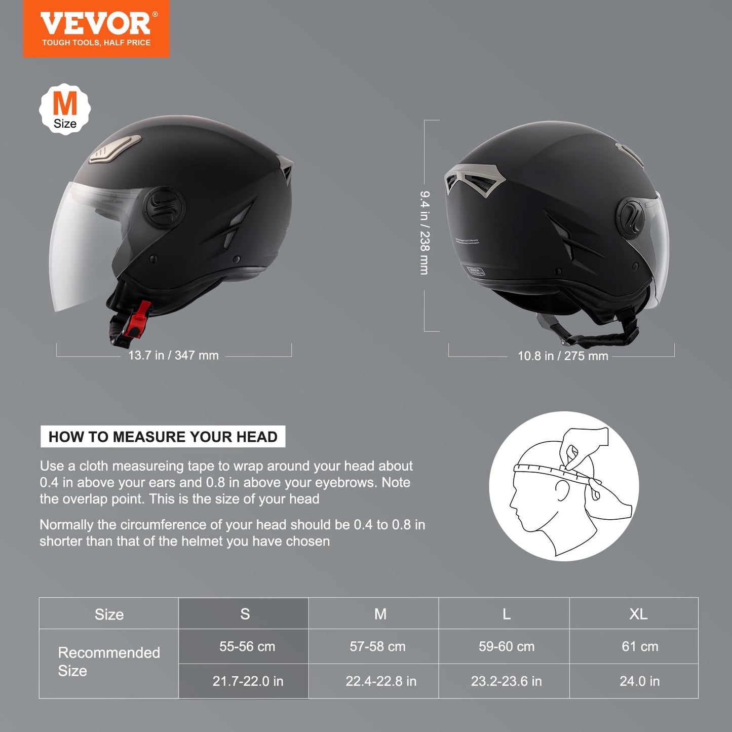 VEVOR Motorcycle Helmet Motocross Helmets 3/4 Face Size S, ABS Helmets with Bluetooth Communication & Interchangeable Visor, ECE Approved Comfortable Motocross Helmet, for Teens & Adults in Black.