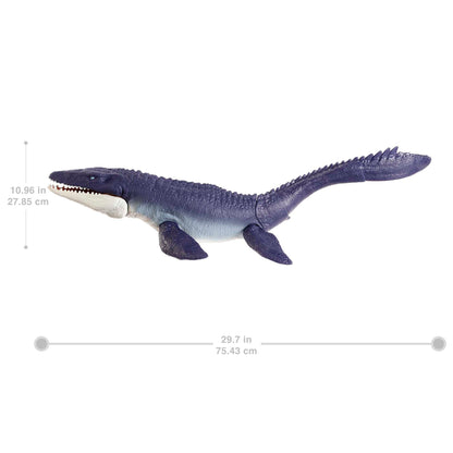 Jurassic World HNJ57 - Dominion Mosasaurus dinosaur action figure, 70 cm tall with movable joints, physical & digital play, dinosaur toy for children ages 4 and up.