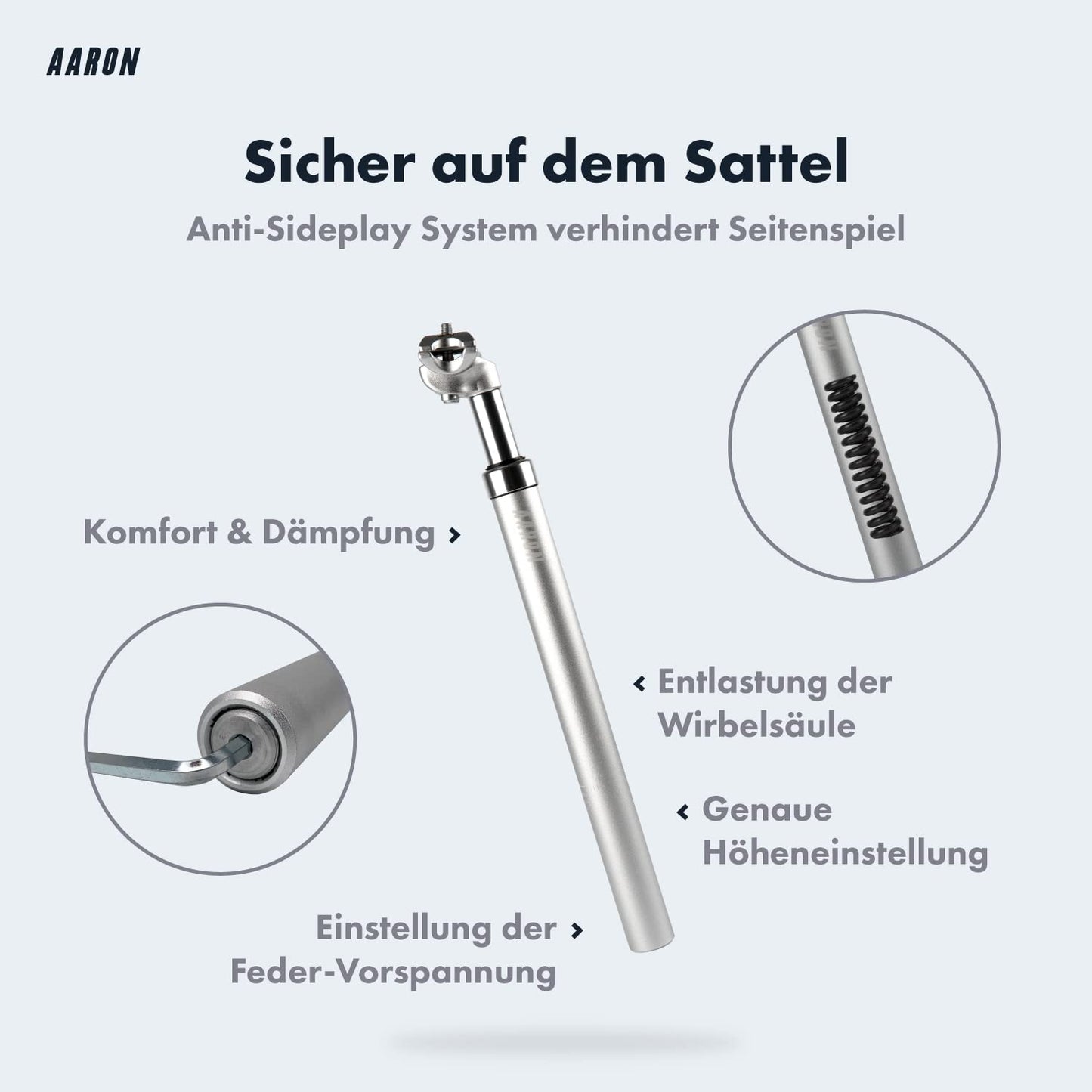 AARON Spring suspension seatpost with 30.9mm diameter | Sprung aluminum seatpost with 350mm length | Suspended bike seatpost for E-bikes, MTBs, trekking city bikes, and more. Silver